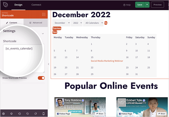 seedprodshortcodeblock SeedProd how to add sugar calendar to a SeedProd page