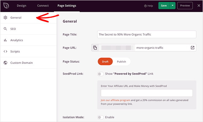 impostazioni generali SeedProd Landing page settings