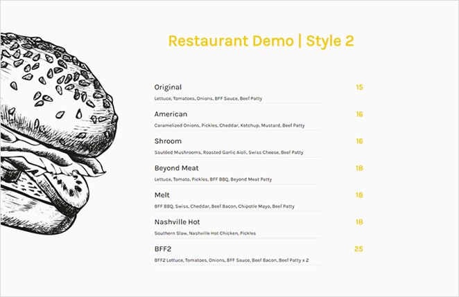 时尚价格表菜单示例 SeedProd Stylish price list menu example