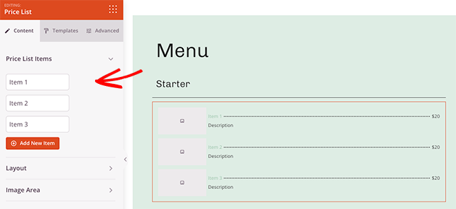 pricelistblocksettings SeedProd Open a price list item to edit the content