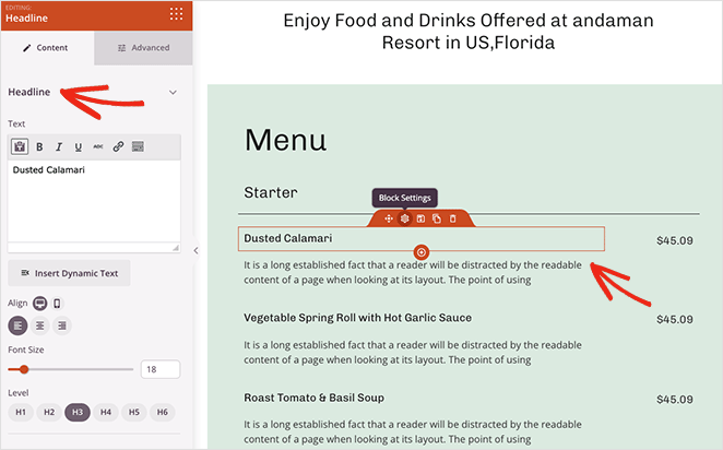 พาดหัวข้อความบล็อกรายการราคา SeedProd Demo price list made with headline and text blocks