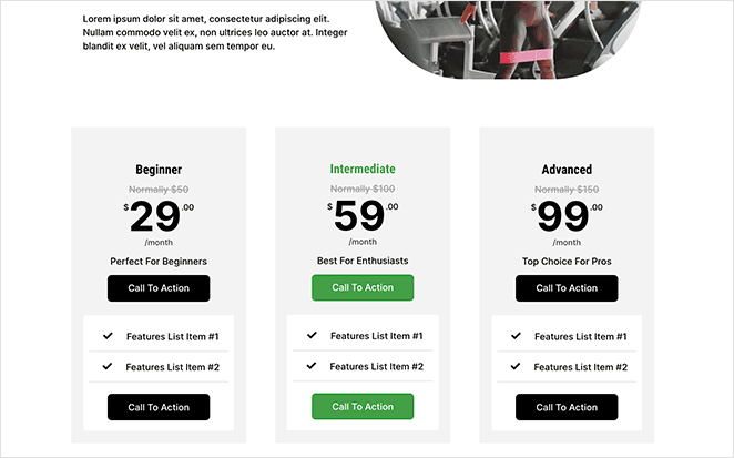 ตารางการกำหนดราคาแนวตั้งแบบกำหนดเอง WordPresspage SeedProd Pricing table example
