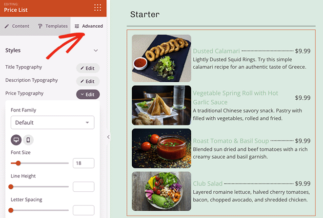 รายการราคาขั้นสูงการตั้งค่า SeedProd Price list advanced styling settings