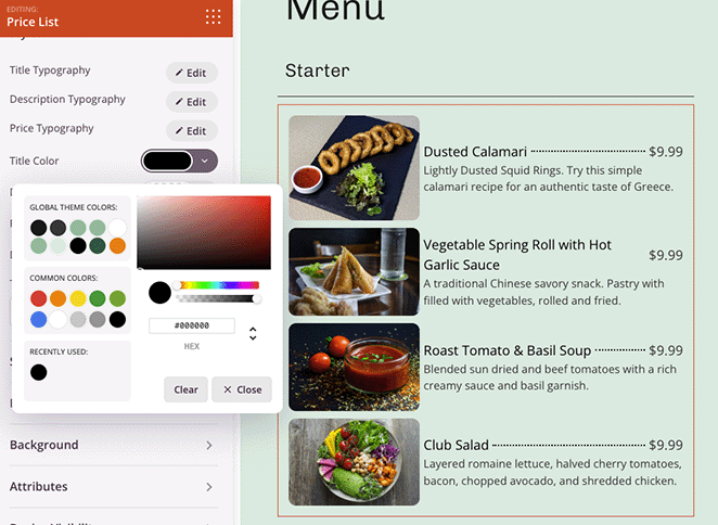 การพิมพ์สีตัวเลือกรายการราคา SeedProd Price list typography color settings