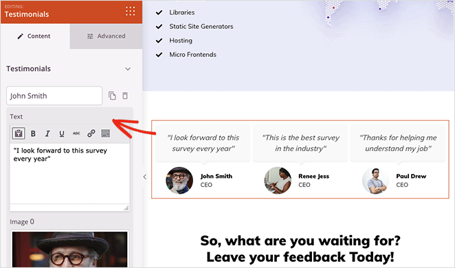 pengaturan blokir testimonial SeedProd Add testimonials to your survey landing page