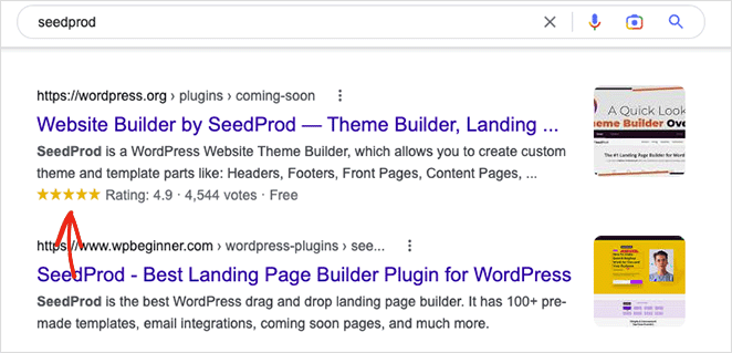 starratinggooglerichsnippetsschema SeedProd Star rating rich snippet on Google search results using review schema markup