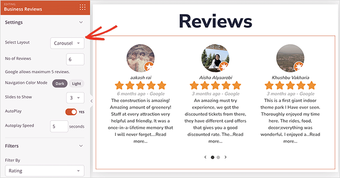 ビジネスレビューscarouselsettings SeedProd SeedProd business reviews carousel settings