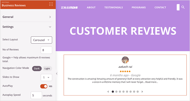 businessreviewscarousellalayout SeedProd Business reviews carousel layout