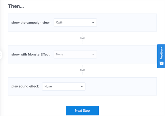 캠페인보기옵션옵틴몬스터시드프로덕션 Campaign action settings OptinMonster