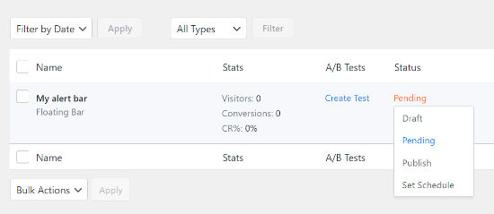 캠페인 상태를 보류 중에서 Seed Prod 게시로 변경 Activate alert bar in WordPress
