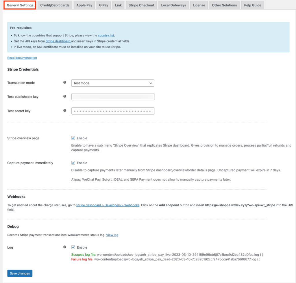 Configurações gerais do plug-in Stripe