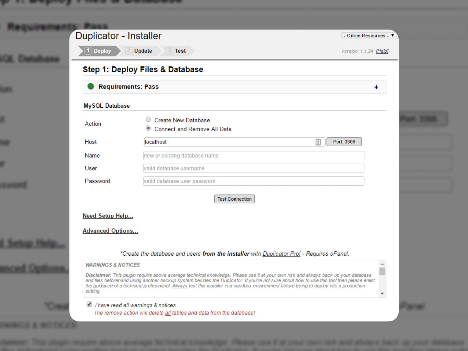 Langkah pertama di menu penginstal plugin cadangan Duplicator WordPress.