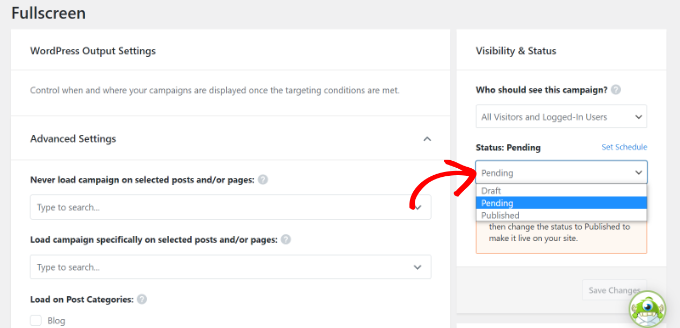 Vizualizarea campaniilor dvs. OptinMonster în tabloul de bord WordPress Change the status of welcome mat campaign