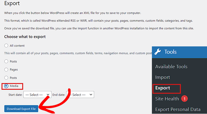 dışa aktarma sayfasında medya seçeneğini seçin Choose media on the export page