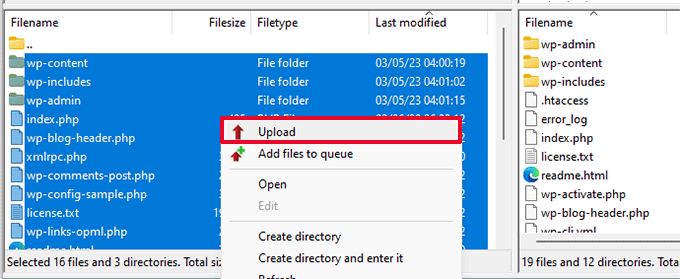 Încărcați fișierele de bază WordPress Upload core WordPress files