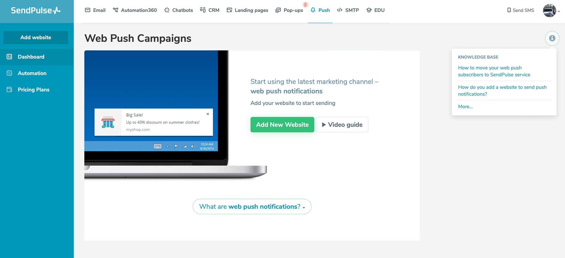 dashboard delle notifiche push web