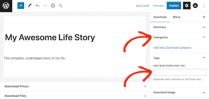 إضافة فئات وعلامات إلى كتاب إلكتروني قابل للتنزيل Adding categories and tags to a downloadable ebook