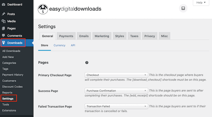 إعدادات البرنامج المساعد Easy Digital Downloads The Easy Digital Downloads plugin's settings