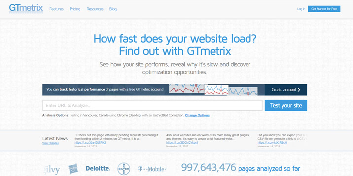 Главная страница GTmetrix