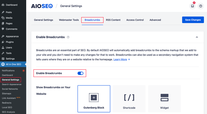 AIOSEO 이동 경로 설정 페이지 The AIOSEO Breadcrumbs Settings Page