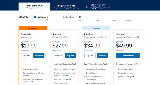 Tarification RingCentral RingCentral pricing