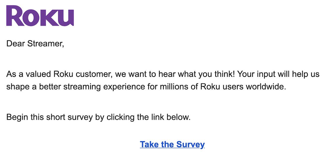 A Roku survey email