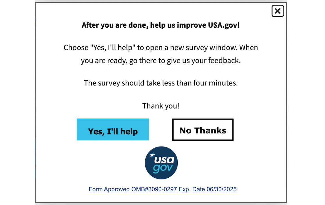 A popup on the USA.gov website