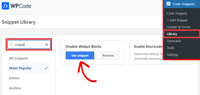 Wybierz fragment kodu Disable Widget Blocks z biblioteki WPCode Select the Disable Widget Blocks snippet from the WPCode library
