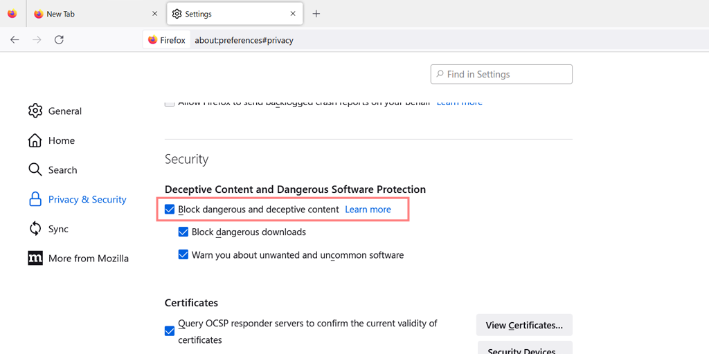 วิธีแก้ไขข้อผิดพลาด SSL_ERROR_NO_CYPHER_OVERLAP Firefox (4 วิธี)13 Uncheck the "Block dangerous and deceptive content" box