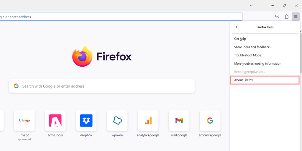 วิธีแก้ไขข้อผิดพลาด SSL_ERROR_NO_CYPHER_OVERLAP Firefox (4 วิธี) 4 The “About Firefox” option in the browser menu