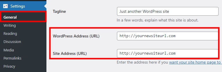 configuración general cambiar URL de página en wordpress