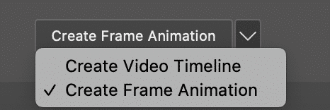 captura de tela das opções: criar linha do tempo de vídeo e criar animação de quadro. criar quadro de animação está selecionado