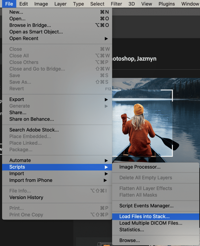 Configurações do Photoshop mostrando scripts e carregar arquivos em opções de pilha.
