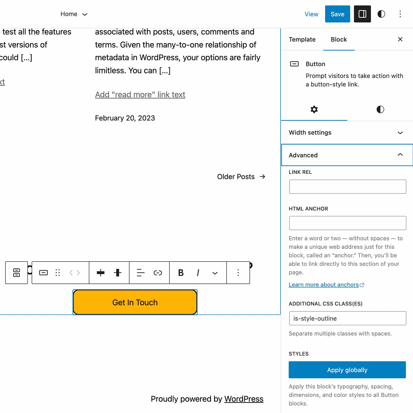 在 WordPress 6.2 中全局應用塊樣式按鈕
