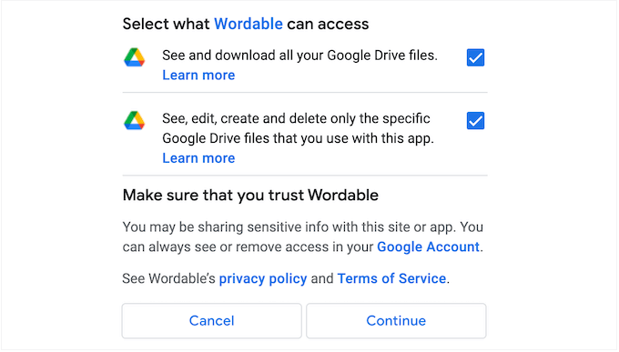 Google 드라이브에 Wordable 액세스 권한 부여 Giving Wordable access to your Google Drive