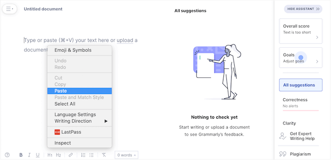 Grammarly 작문 도우미에 Google 문서 붙여넣기 Pasting a Google Doc into the Grammarly writing assistant