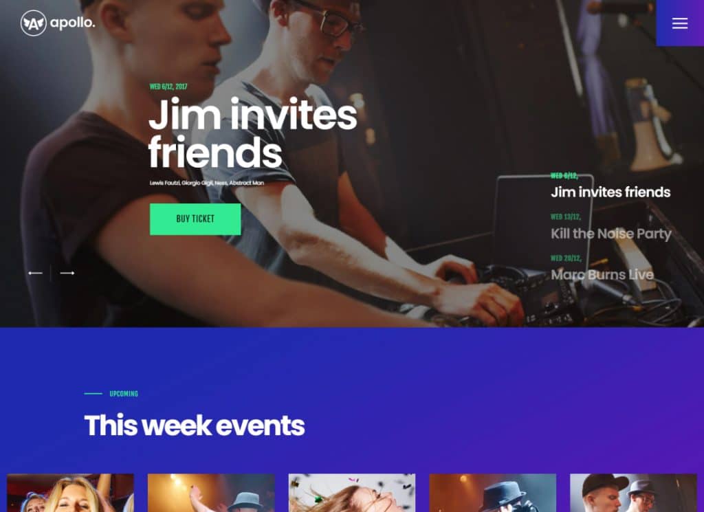 อพอลโล | ธีม WordPress ไนท์คลับ, คอนเสิร์ตดีเจ & งานดนตรี