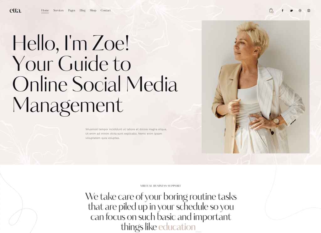 Etta — тема WordPress для виртуального помощника и специалиста по маркетингу
