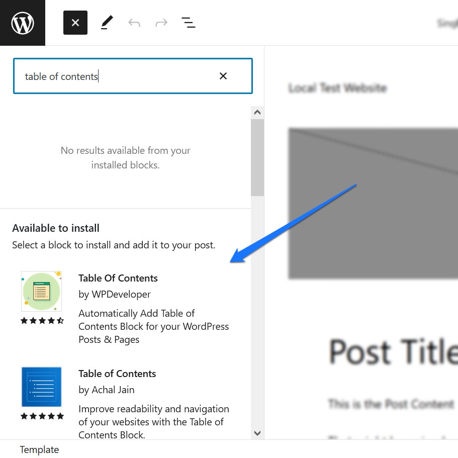 instal blok dengan cepat di editor situs wordpress