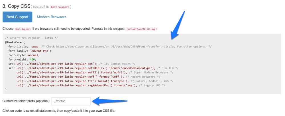 انسخ ترميز css لاستضافة الخطوط محليًا في مساعد google webfonts