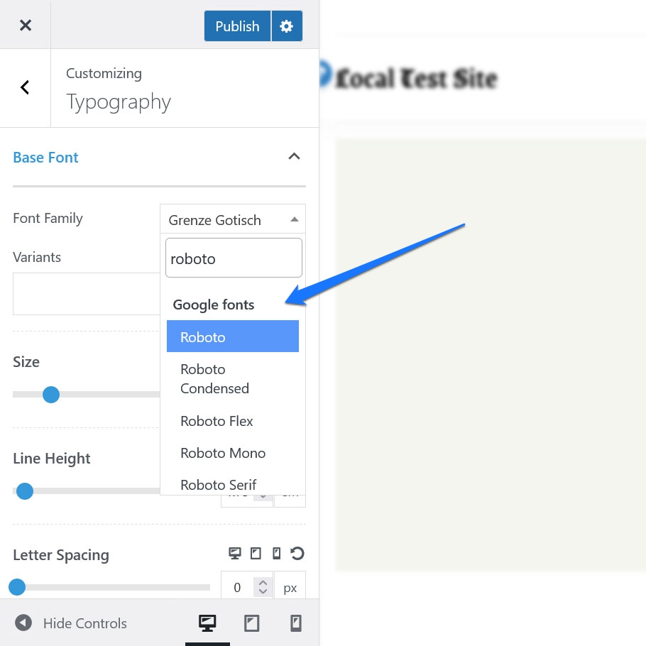 خيار خطوط google في إعدادات السمة