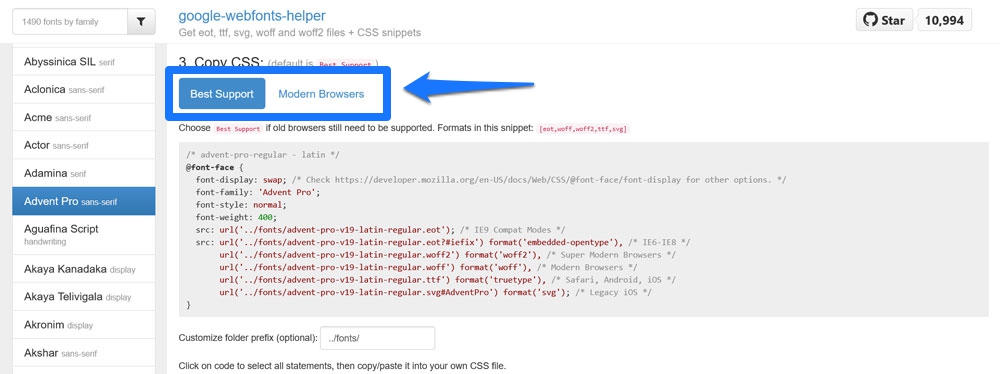 اختر تنسيقات الملفات في مساعد google webfonts