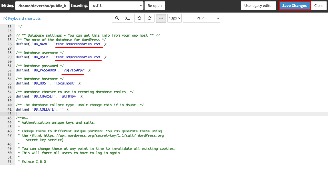 3 つの異なる方法で WordPress サイトを複製する方法 11 Edit database name, username, and password in wp-config.php file