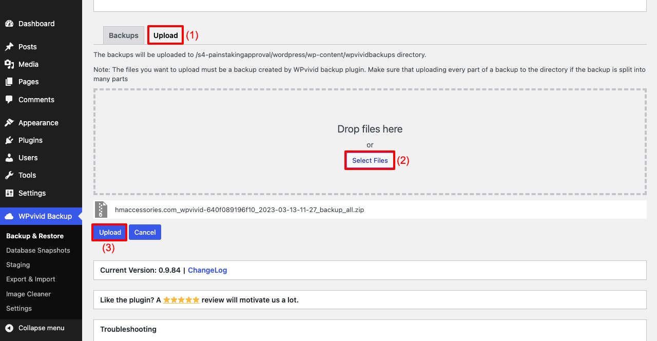 3 つの異なる方法で WordPress サイトを複製する方法 16 Upload Website Backup Using WPVivid Plugin to Create a Clone Website