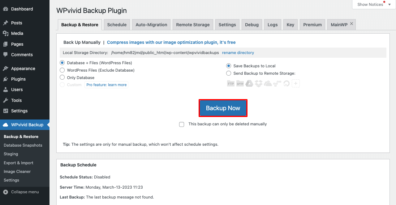 3 つの異なる方法で WordPress サイトを複製する方法 15 Backup Your Website Using the WPVivid Plugin
