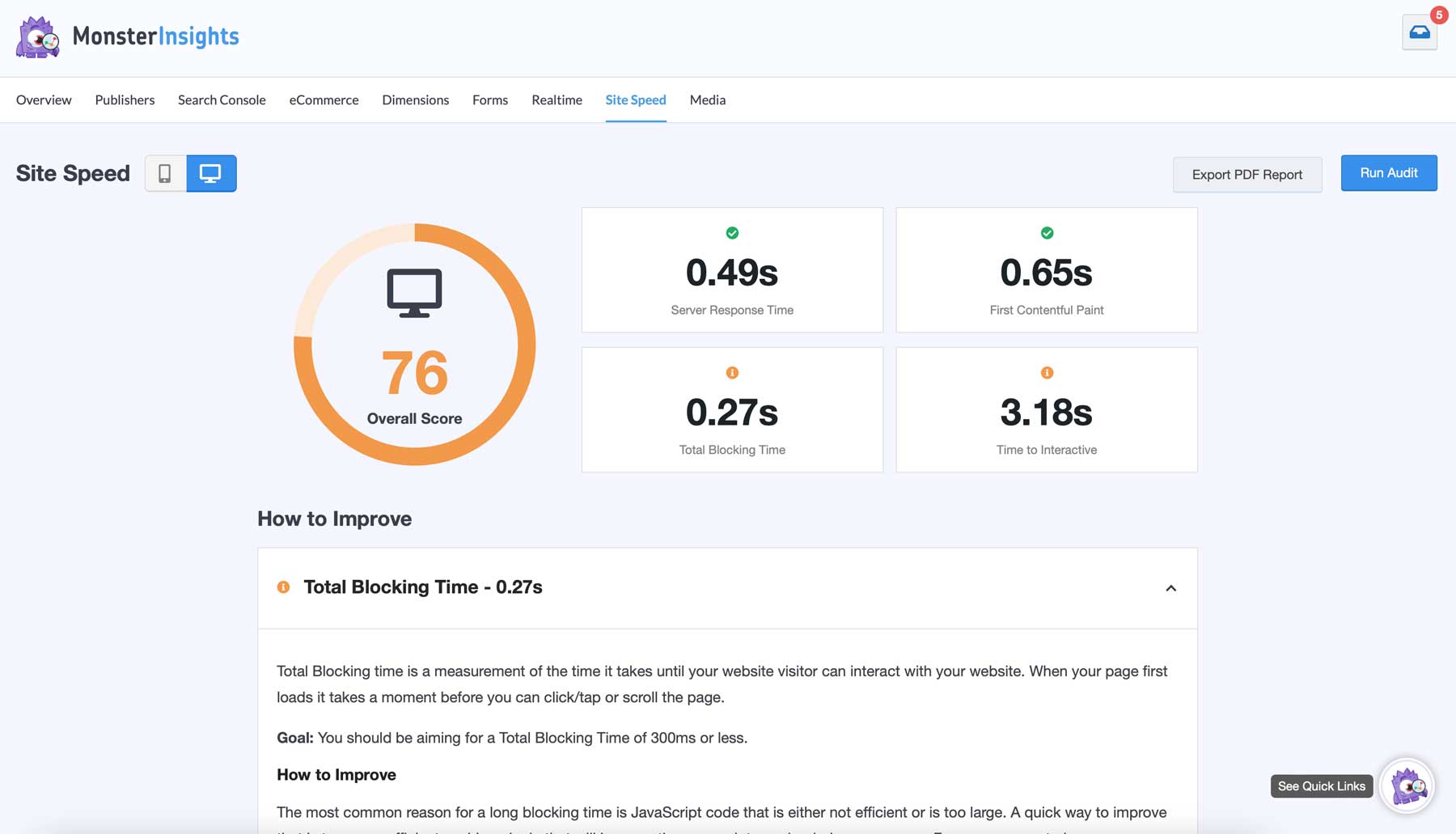 การวิเคราะห์ความเร็วหน้า MonsterInsights