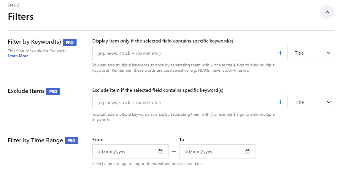 Feedzy의 필터 옵션