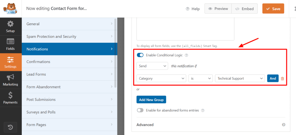 Logica condiționată WPForms în notificări 1
