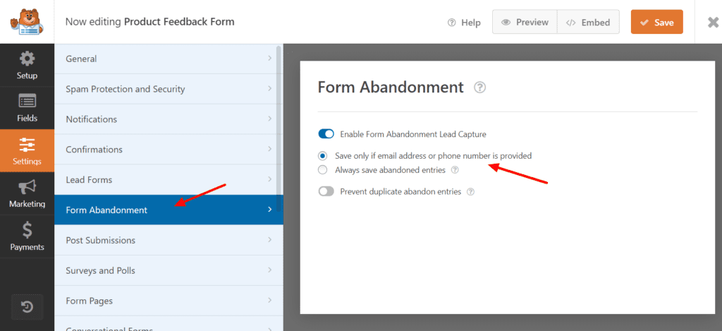 Setări de abandonare a formularelor WPForms