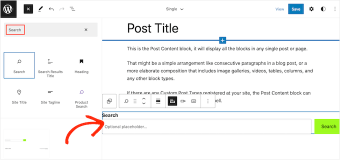 Adăugarea unui bloc de căutare la un șablon de temă activat pentru blocuri Adding a search block to a block-enabled theme template